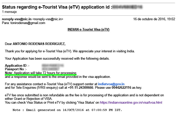 Mail de confirmación del proceso de petición del visado