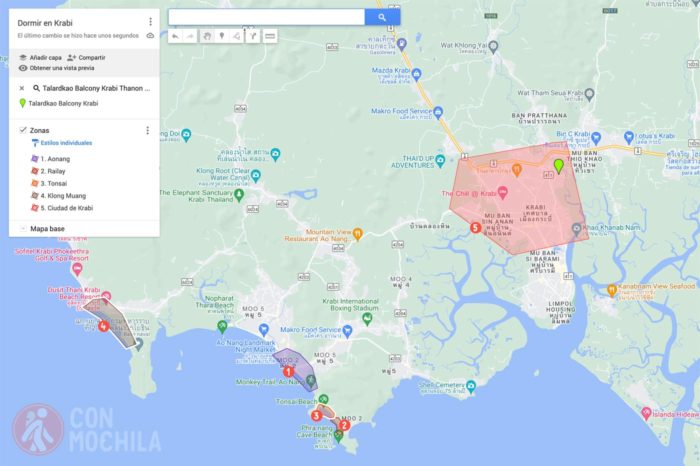 Mapa de las zonas donde alojarse en Krabi